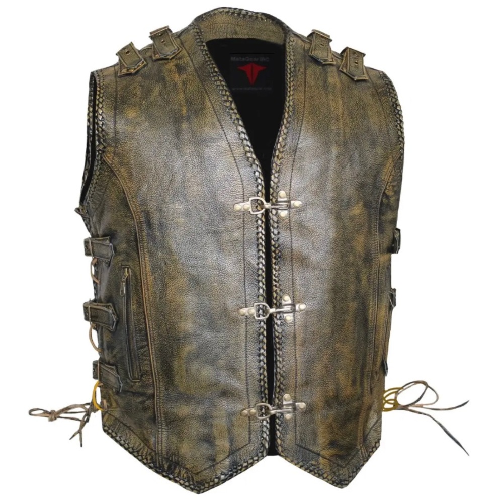 MEN’S MOTORCYCLE CLASSIC SIDE LACES BUCKLED BROWN CONCEALED CARRY LEATHER VEST